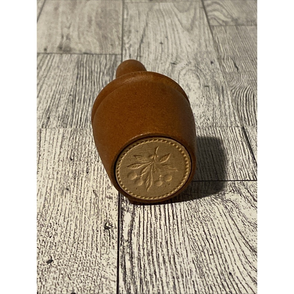 Vintage Miniature Primitive 3" WOODEN BUTTER MOLD Press Stamp CHERRY DESIGN